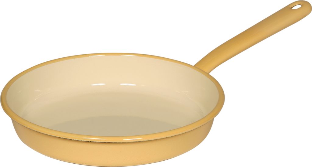 A single yellow and cream omelet pan is shown against a white background.