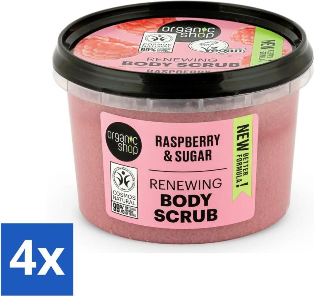 Organic Shop - Bio-Himbeer-Zucker-Körperpeeling - Erfrischend und peelend - 250 ml - Vorteilspack - 4 Stücke