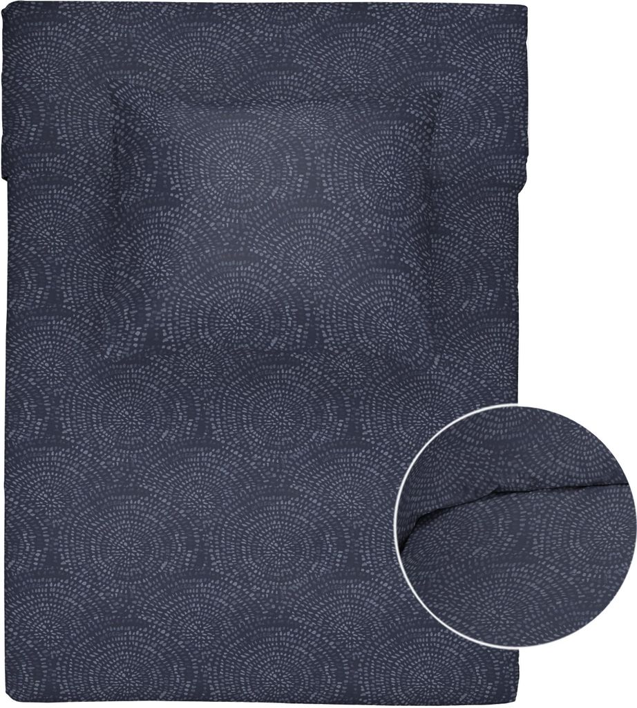 A close-up view of a blue duvet cover with a circular pattern.