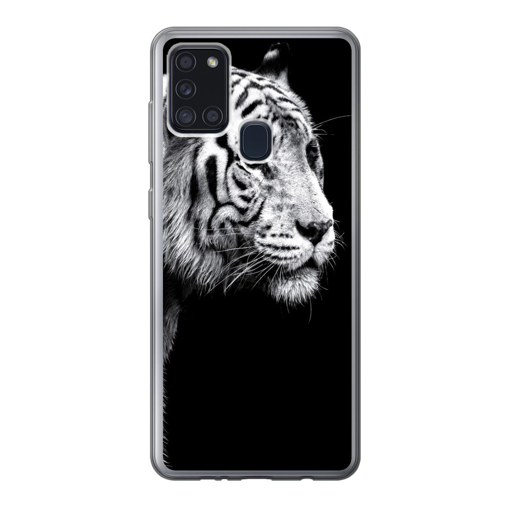 MuchoWow Handyhülle Schutzhülle Hülle für Samsung Galaxy A21s Studioaufnahme eines weißen Tigers auf schwarzem Hintergrund Silikon Softcase ...