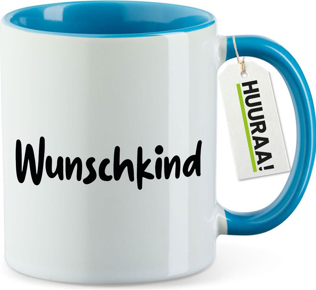 Huuraa Kaffeetasse Wunschkind Schriftzug 330ml Blau Keramik Kaffeebecher Geschenkidee