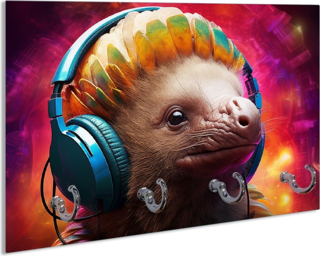 Wallario Handtuchhalter aus Glas, Motiv: Schuppentier mit Kopfhörern, 30 x 20 cm mit 4 Haken