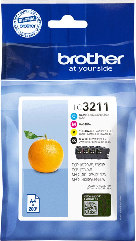 A Brother ink cartridge multipack packaging with an orange on the front.
