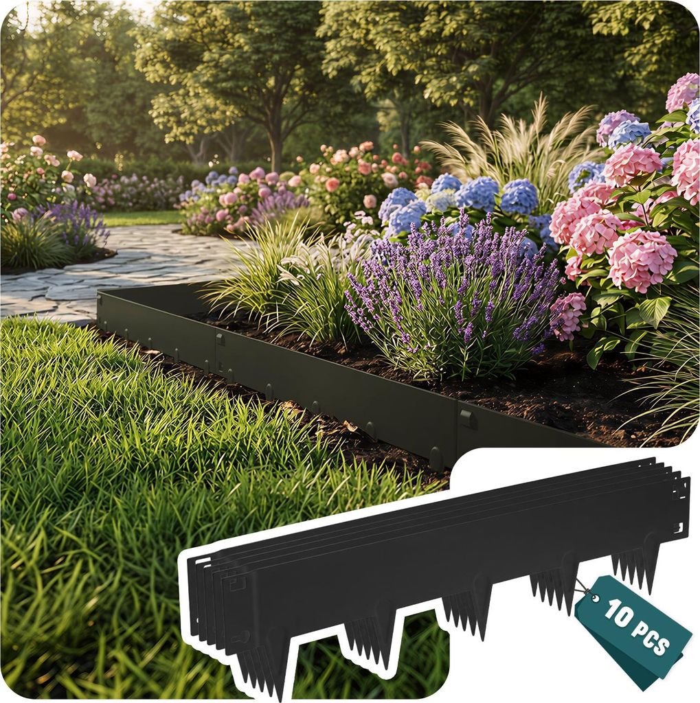 VOUNOT Rasenkante verzinkt Metall 10m, Steckzaun Beeteinfassung, 10 Stück, Schwarz