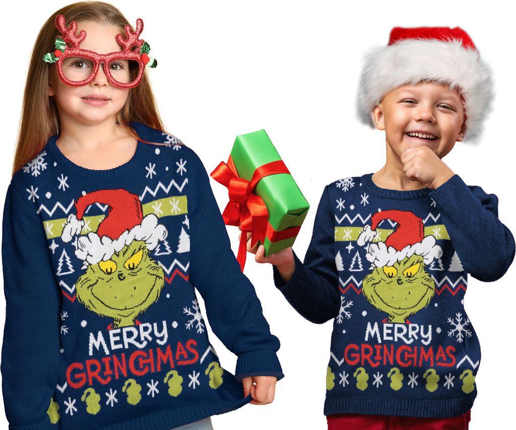 The Grinch Weihnachtspullover für Kinder - Merry Grinchmas Winter Strick Pullover Sweatshirt Ugly Christmas Sweater Weihnachten Blau 146-152