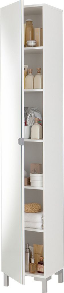 A tall, narrow white cabinet with its doors open, revealing several shelves stocked with various bathroom items.