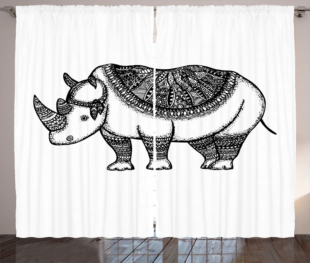 Habillage de Fenêtre Salon Rideau Tribal Nashorn Gris et Blanc 280x225 cm