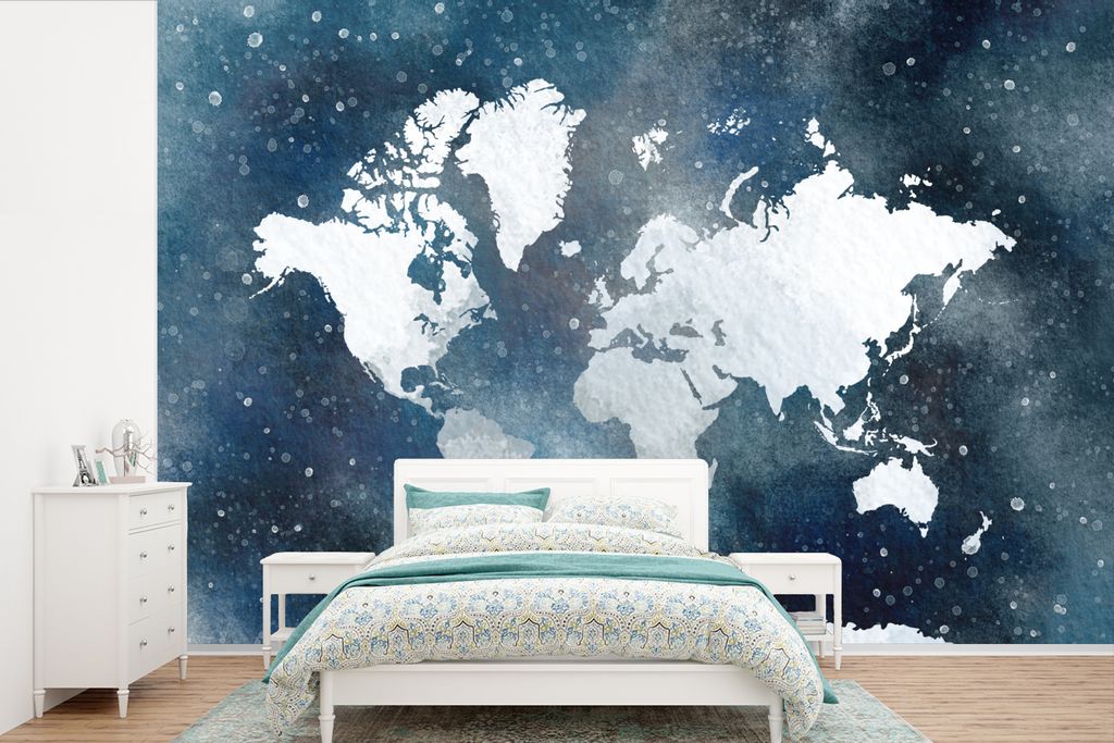 MuchoWow Fototapete für Wohnzimmer oder Schlafzimmer Wandtapete Vinyl Motivtapete Weltkarte - Sternenhimmel - Aquarell - 390x260 cm - Papiertapete