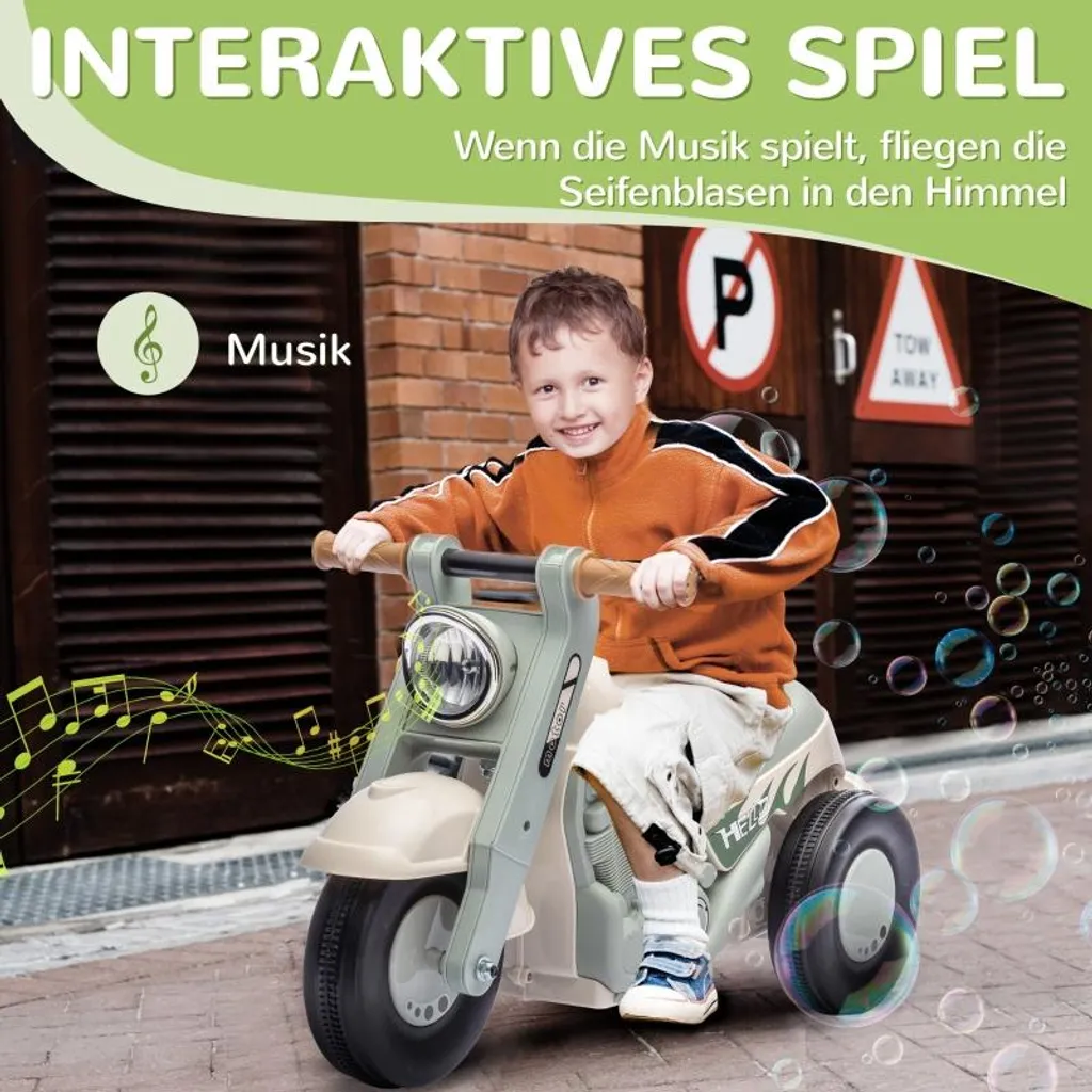 Porteur moto pour enfant 2 à 5 ans avec bulles et sons, coloris crème