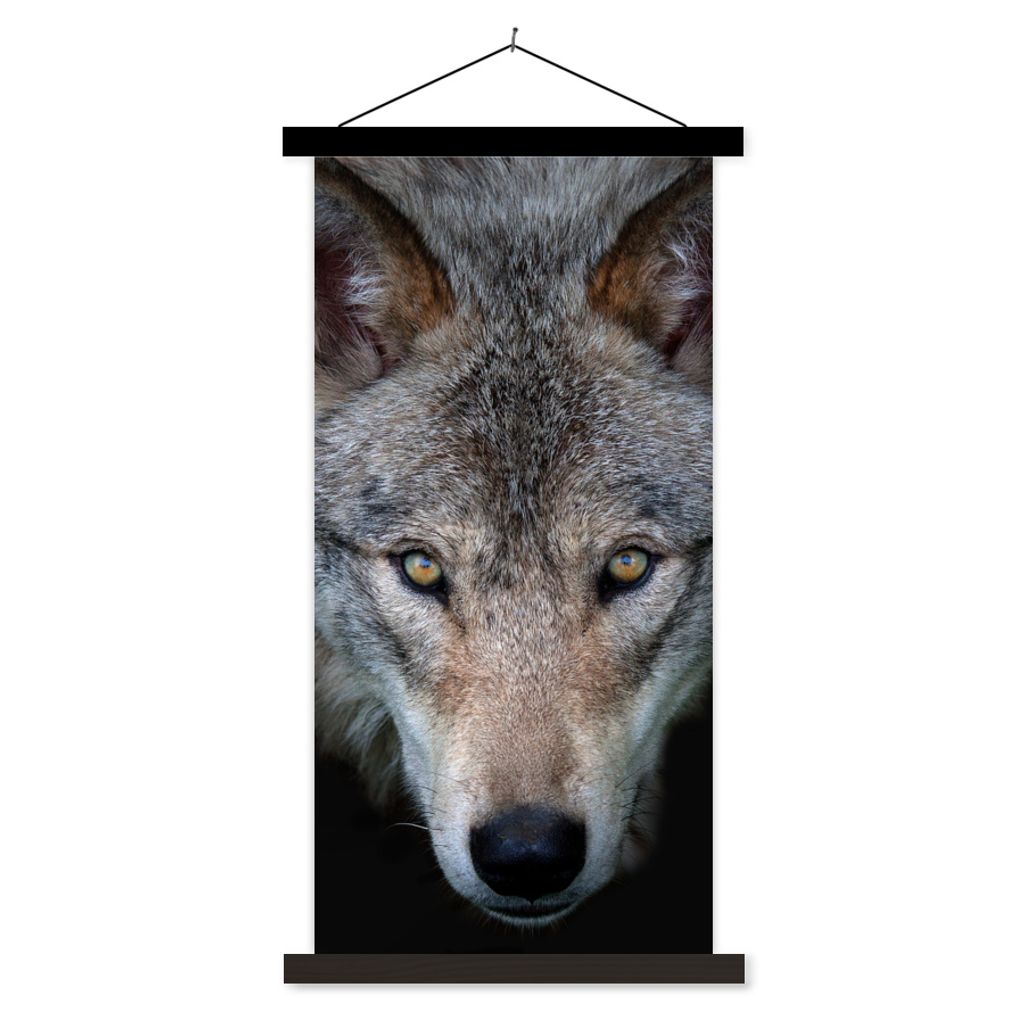 MuchoWow Textilposter Wolf - Porträt - Schwarz 40x80 cm mit schwarzem Rahmen - Wandemalerei