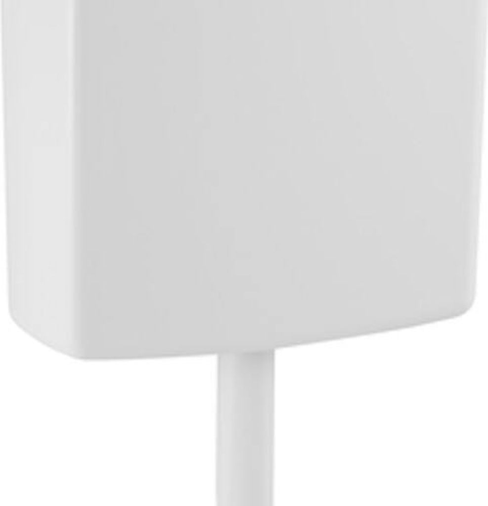 A close-up of a white toilet cistern.