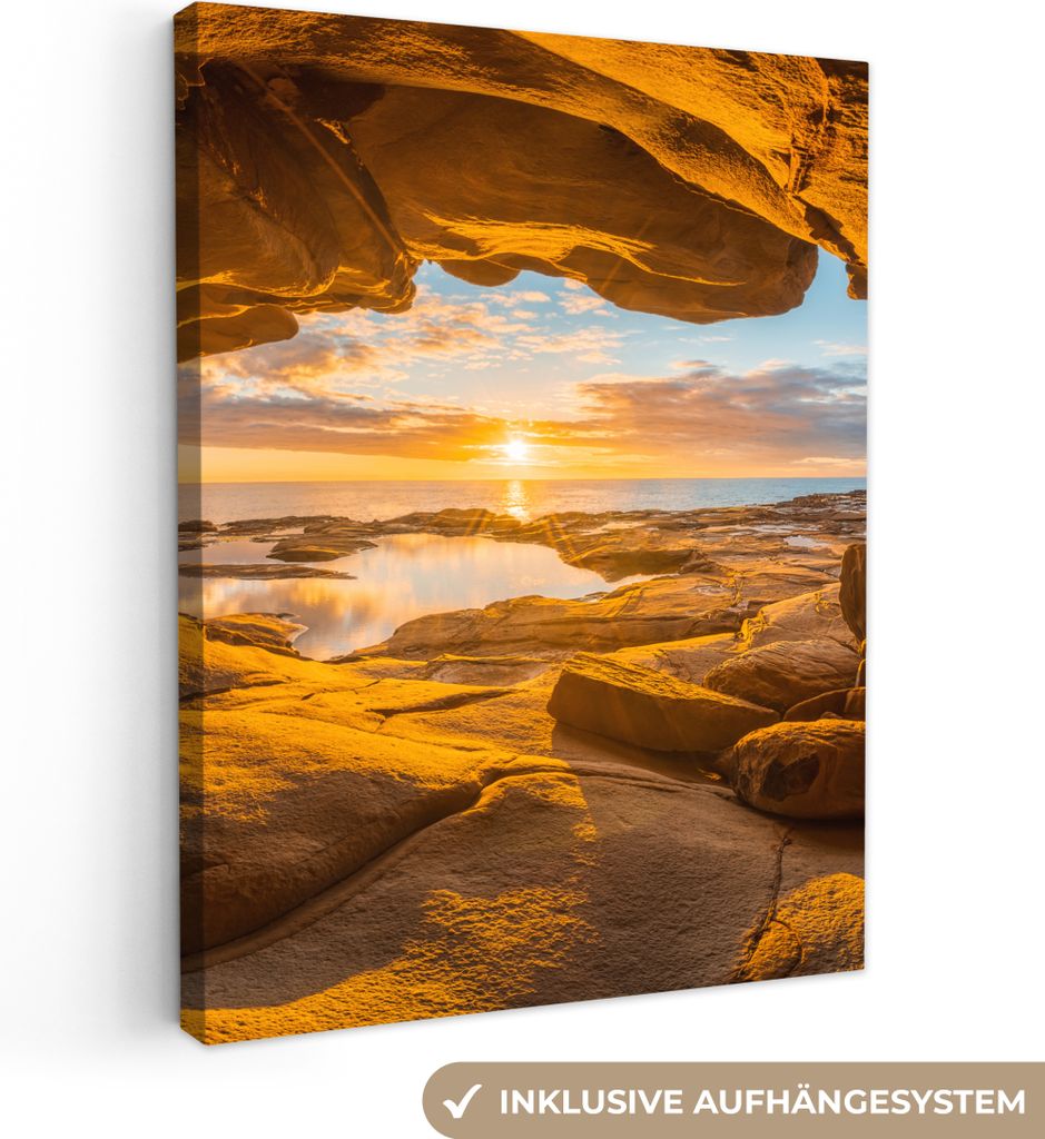 MuchoWow - Leinwandbilder - Höhle - Meer - Horizont - Sonnenuntergang, Wandbild, Wanddeko Bilder Wohnzimmer, 90x120 cm
