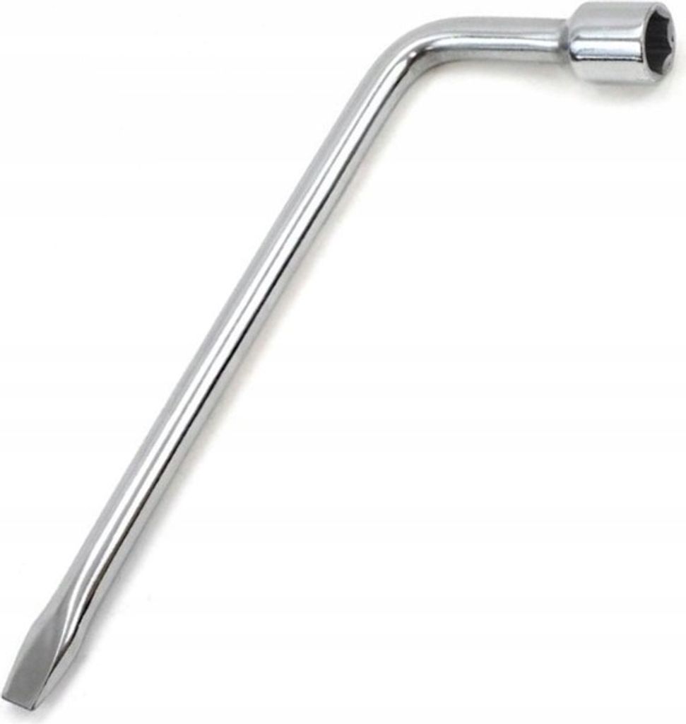A chrome L-shaped wrench on a white background.