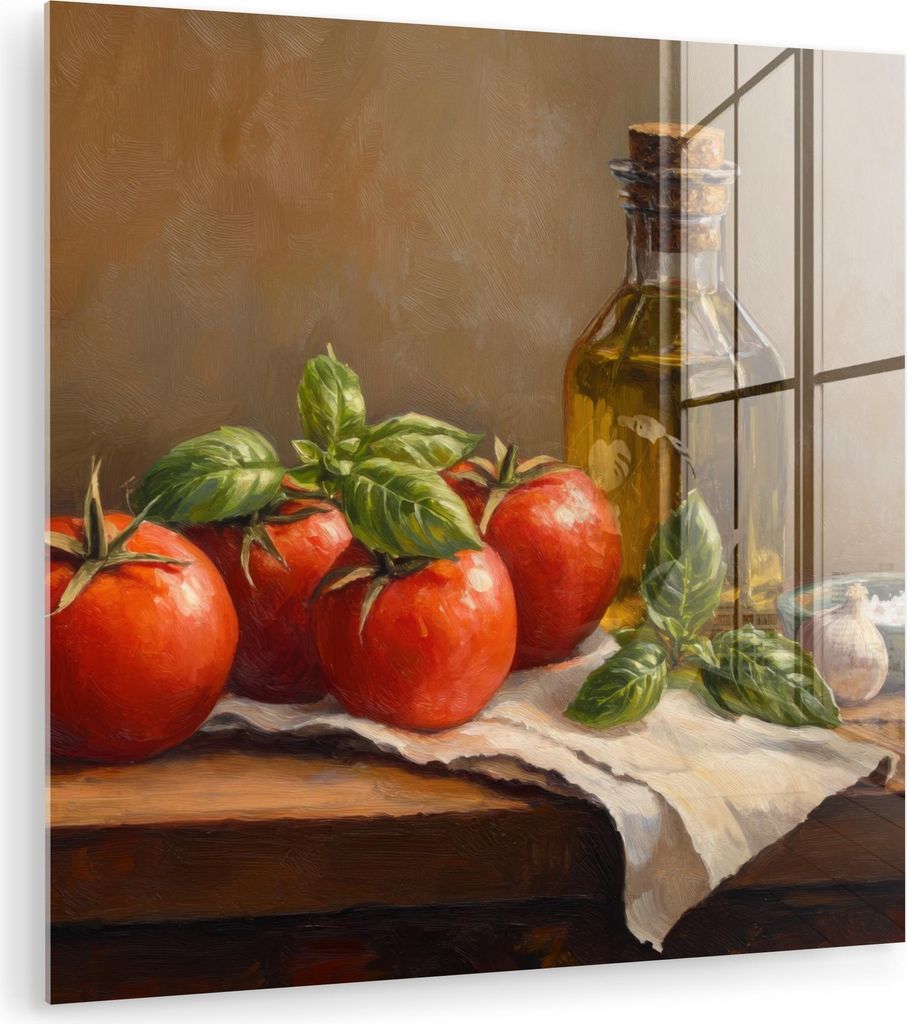 MuchoWow Glasbilder - Bilder auf Wandbild - Foto auf Glas Tomaten - Olivenöl - Stilleben 50x50 cm Wanddekoration aus Glas - Acrylglasbild - Acrylb...