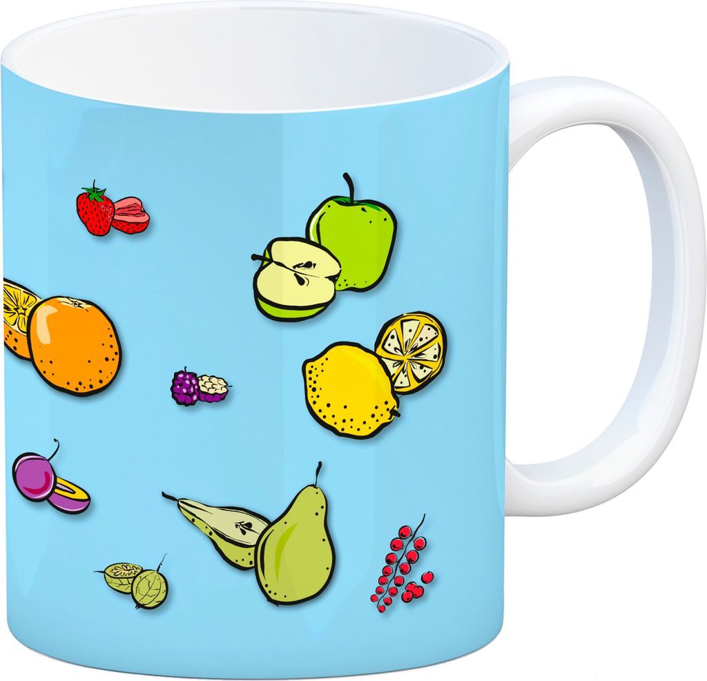 Kaffeebecher in blau zum Thema Obst mit verschiedenen Früchten