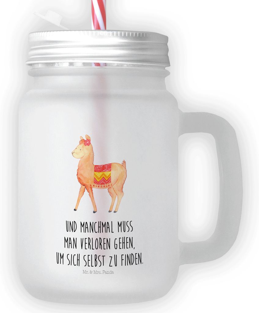 Mr. & Mrs. Panda Mason Jar Alpaka Stolz - Transparent - Geschenk, Glas, Strohhalmglas, Mit Strohhalm, Trinkglas, Cocktailglas, Lama