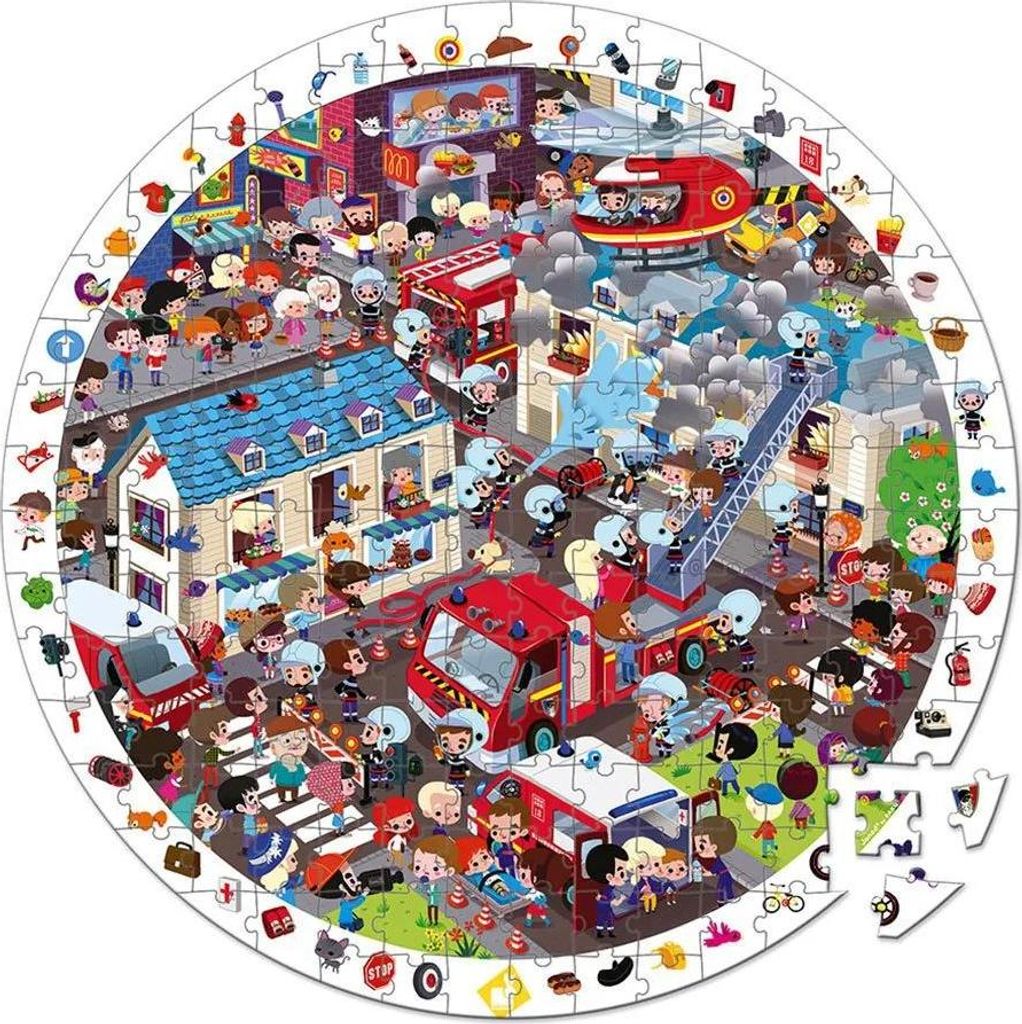 Puzzle d'observation rond - les pompiers 208 pieces - janod Image du produit 