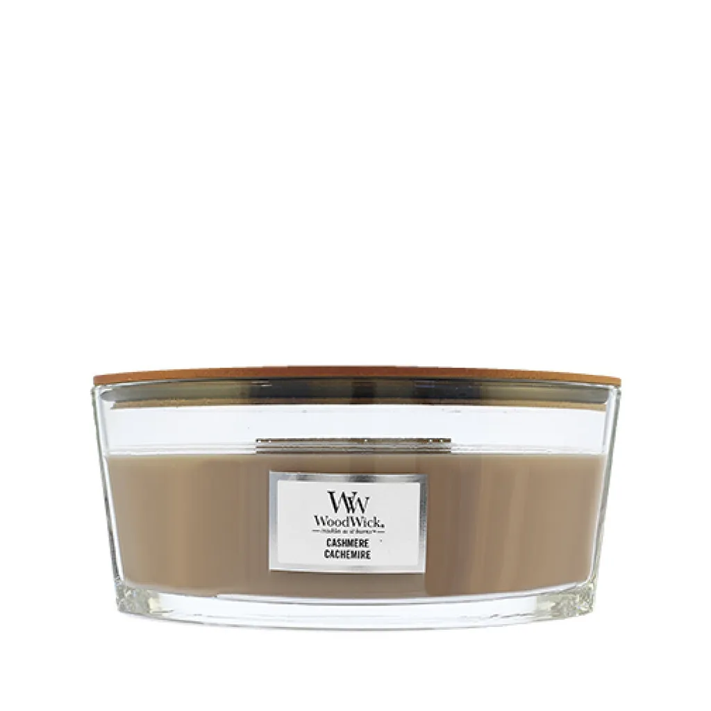 Bougie WoodWick Cashmere mèche bois crépitante pour salon élégant