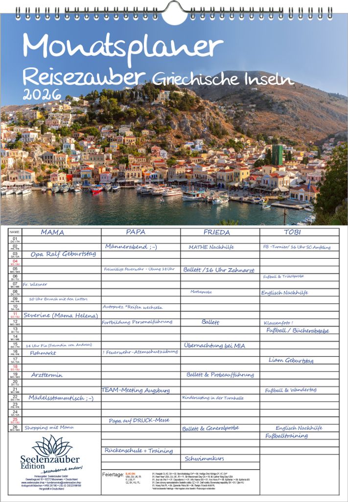 Reisezauber Griechische Inseln Planer Familienplaner 4 Spaltenplaner DIN A3 Kalender für 2026 Griechenland Mykonos Santorin Kreta Meer Strand Urla...