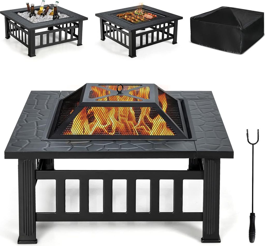 KOMFOTTEU Feuerschale Feuerkorb, Feuerstelle mit Grillrost & Decekl, Flammschale 81 x 81cm Outdoor, Feuerstellentisch inkl. Schürhaken, firepit mi...