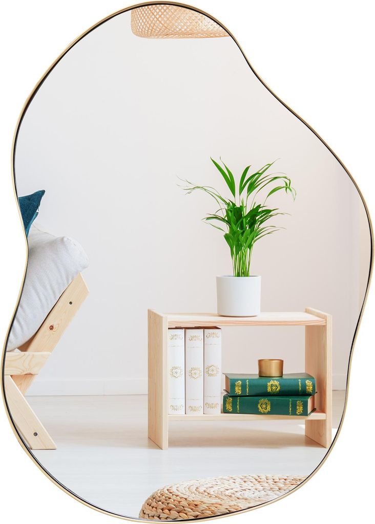 Wandspiegel in asymmetrischer Form, moderner Schminkspiegel mit HD-Spiegel & robuster Rahmen, Dekospiegel mit 2 Befestigungsmöglichkeiten, Gold