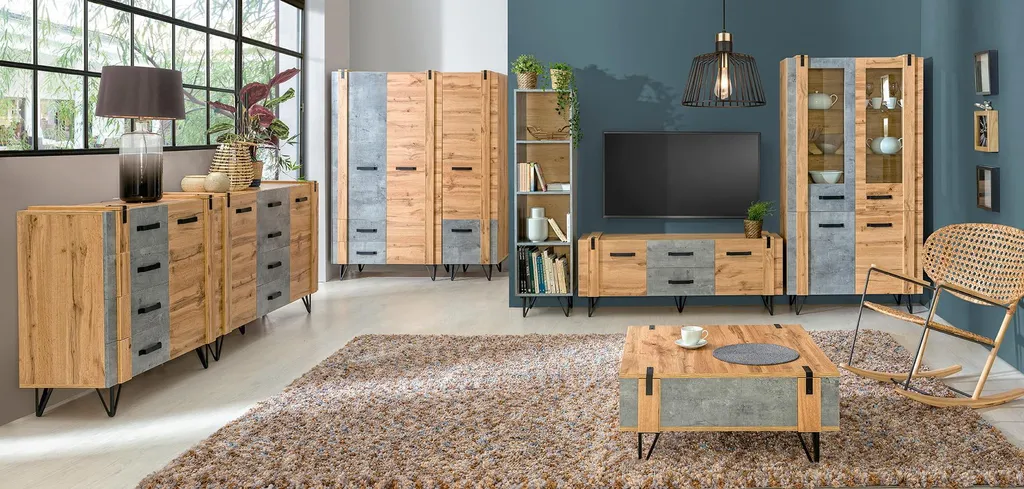 Buffet bas et commode de rangement CONOVER chêne et gris béton loft