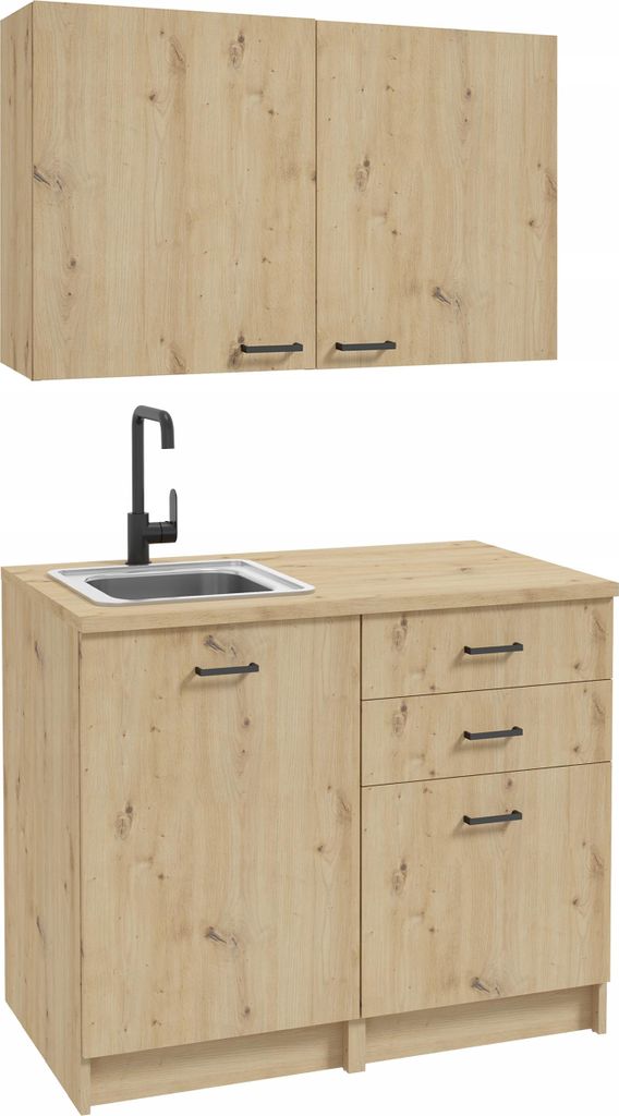 A kitchen cabinet set with a sink and faucet, and a wall-mounted cabinet above.