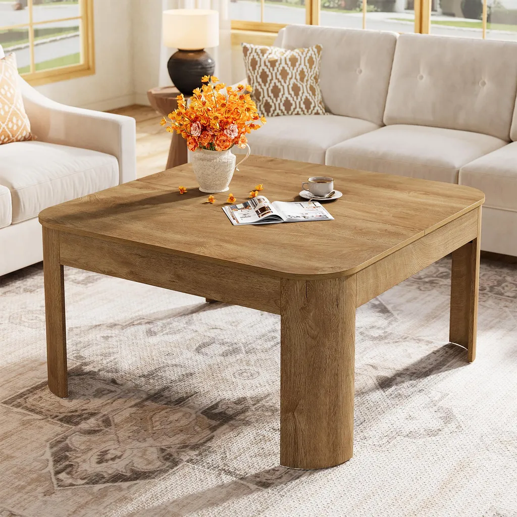 Table de salon carrée style rustique 100x100 cm en bois marron clair