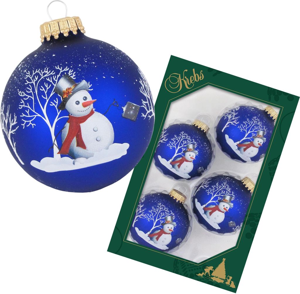 Krebs Glas Lauscha Christbaumkugeln Schneemann Blau/Weiß 4er Boxset - Größe ca. 7cm