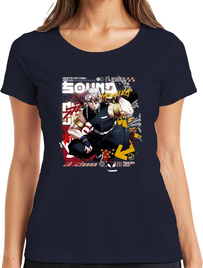 Tengen Uzui Kimetsu no Yaiba Hashira Schwerter Perlen Gold Damen T-Shirt, Navy, L