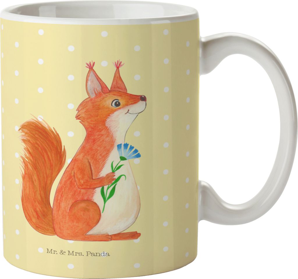 Mr. & Mrs. Panda Tasse Eichhörnchen Blume - Gelb Pastell - Geschenk, Teetasse, Trinkbecher, Kaffeetasse, Eichhorn, Henkeltasse, Motivation Bilder,...