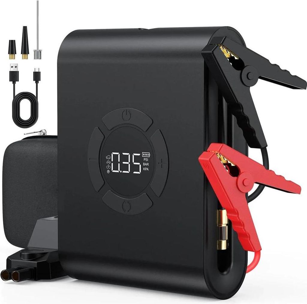 12V Starthilfe mit Kompressor - Batterie-Booster & Reifenpumpe - 1200A+ Spitzenstrom - 150 PSI digitale Reifenpumpe - 12000–18000 mAh - CE