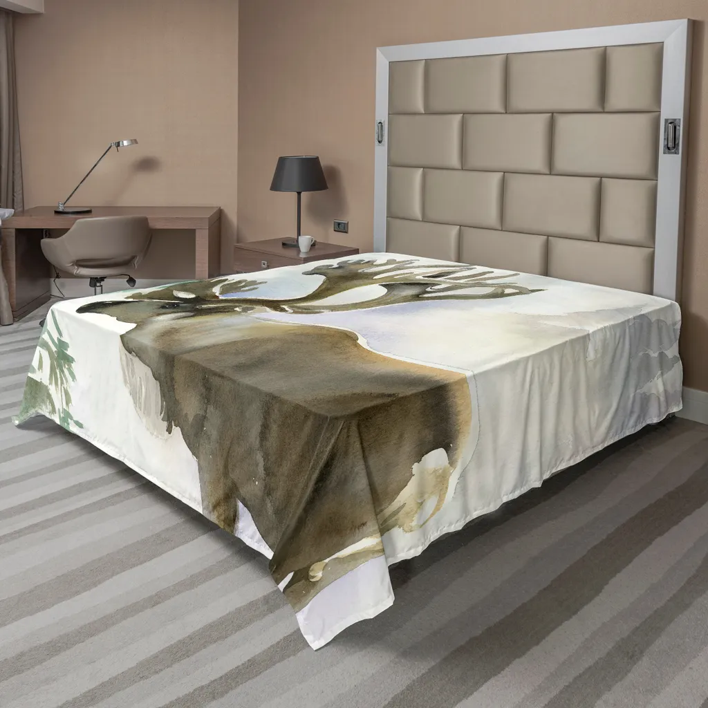 Drap plat anti-plis et doux motif Cerf Hivernal 244x205cm Beige et Vert