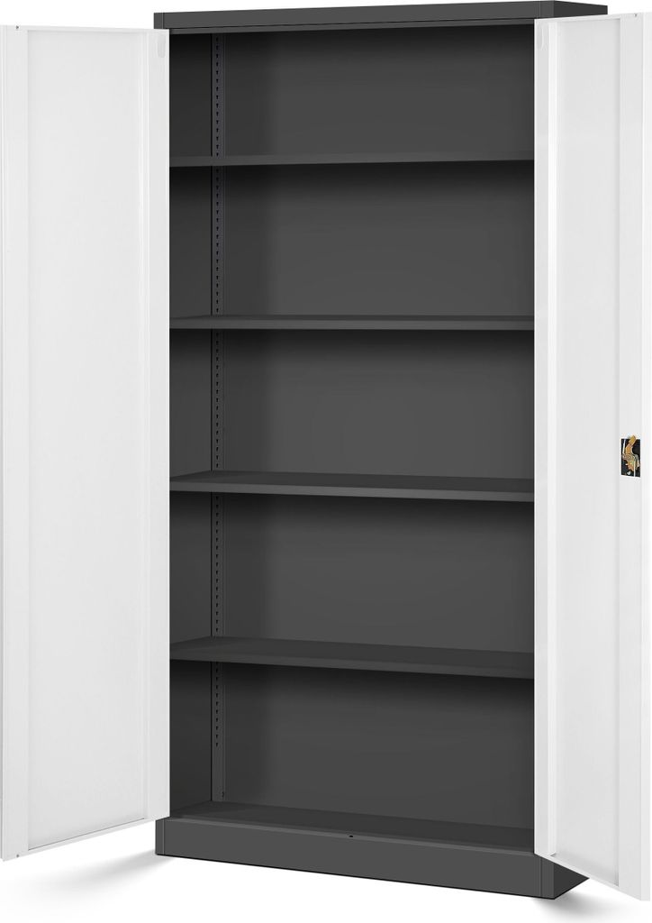 An empty, open metal cabinet with multiple shelves.