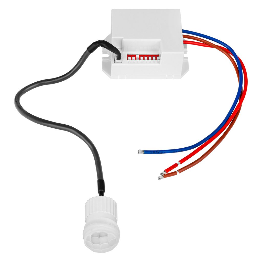 A white motion sensor with attached wires on a white background.