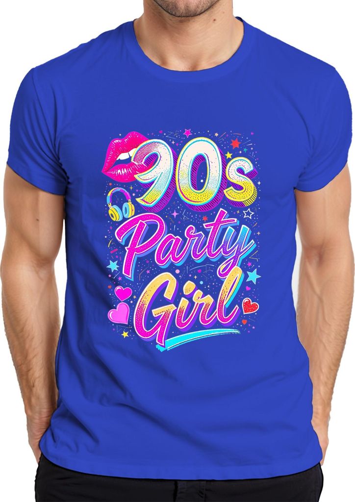90s Party Girl Neon Lippen Kopfhörer Herzen Sterne Retro 90er Herren T-Shirt, Blau, XL