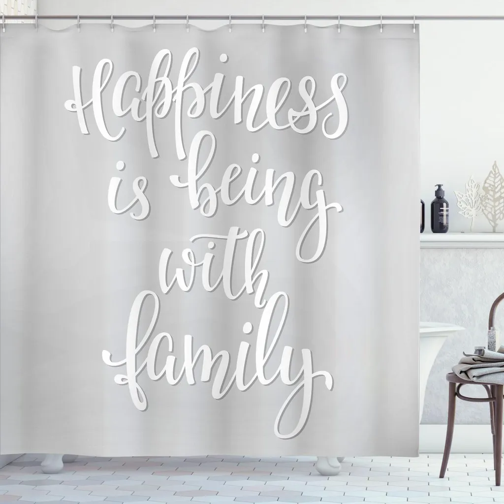 ABAKUHAUS Tenda da doccia per famiglie, Famiglia positiva con il motto "Messaggio di felicità scritto a mano Calligrafia Ispirazione", 175 x 200 cm, Grigio chiaro Bianco
