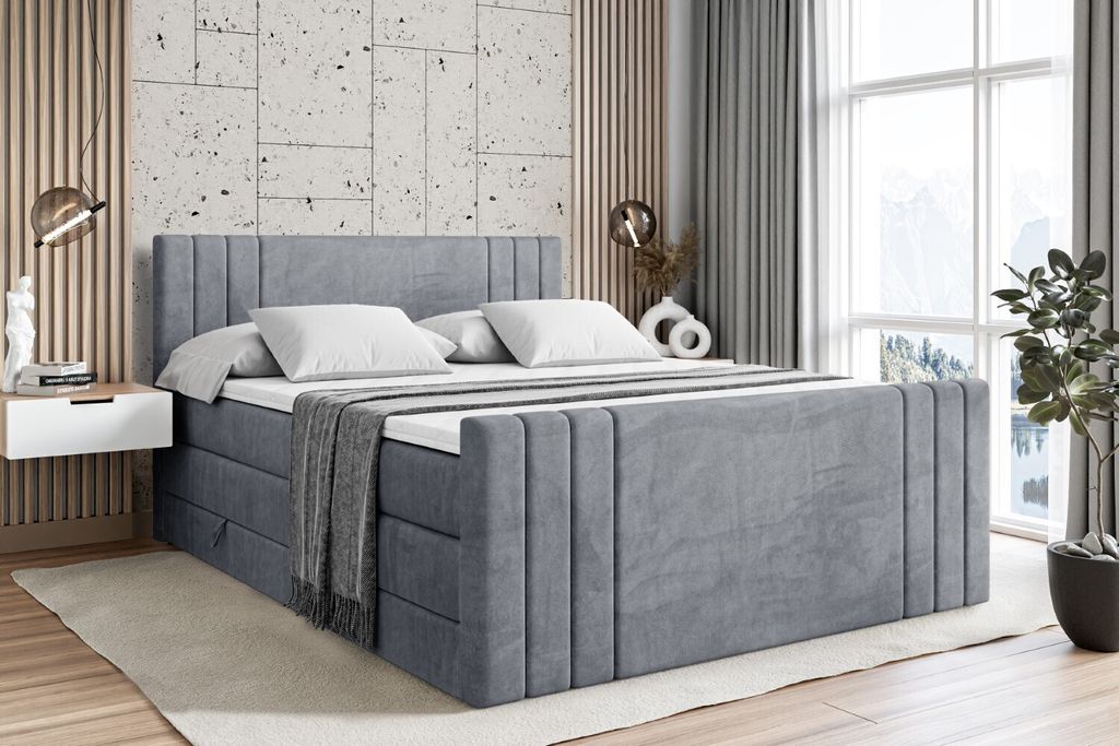 ALTDECOR Boxspringbett mit Fußteil, 2 Matratzen und Topper - 160x200 cm - IDRIKO-Z KING - Grau Samt - Polsterbett mit, H3- und H4- Matratzen, Bett...