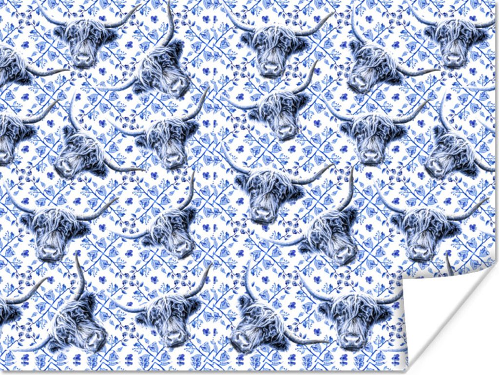 MuchoWow Poster Delfter Blau - Schottischer Highlander - Tiere 80x60 cm - Kunst für zu Hause