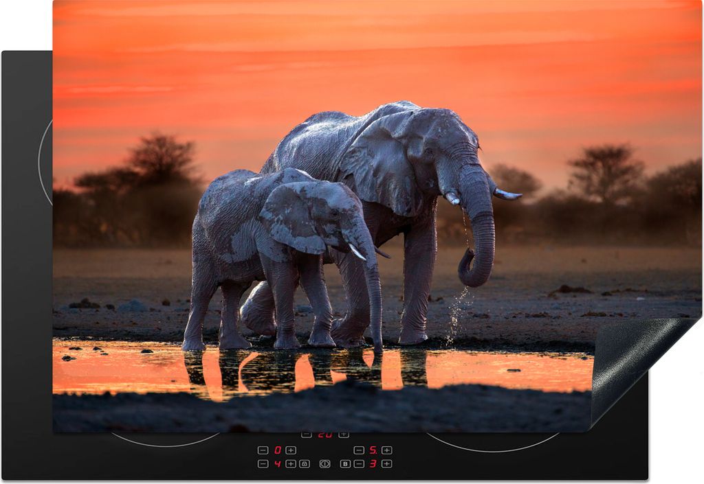 KitchenYeah Herdabdeckplatte Elefant - Tiere - Sonnenuntergang - Wasser - Orange , 78x52cm, Küche Deko, Glaskeramikkochfeld Herdabdeckung, Abdec...