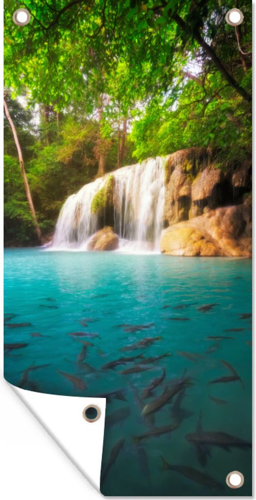 MuchoWow 30x60 cm Outdoor-Poster Gartendeko Sichtschutz Garten Poster für den Garten Angeln im Wasser im Erawan-Nationalpark mit Blick auf einen...