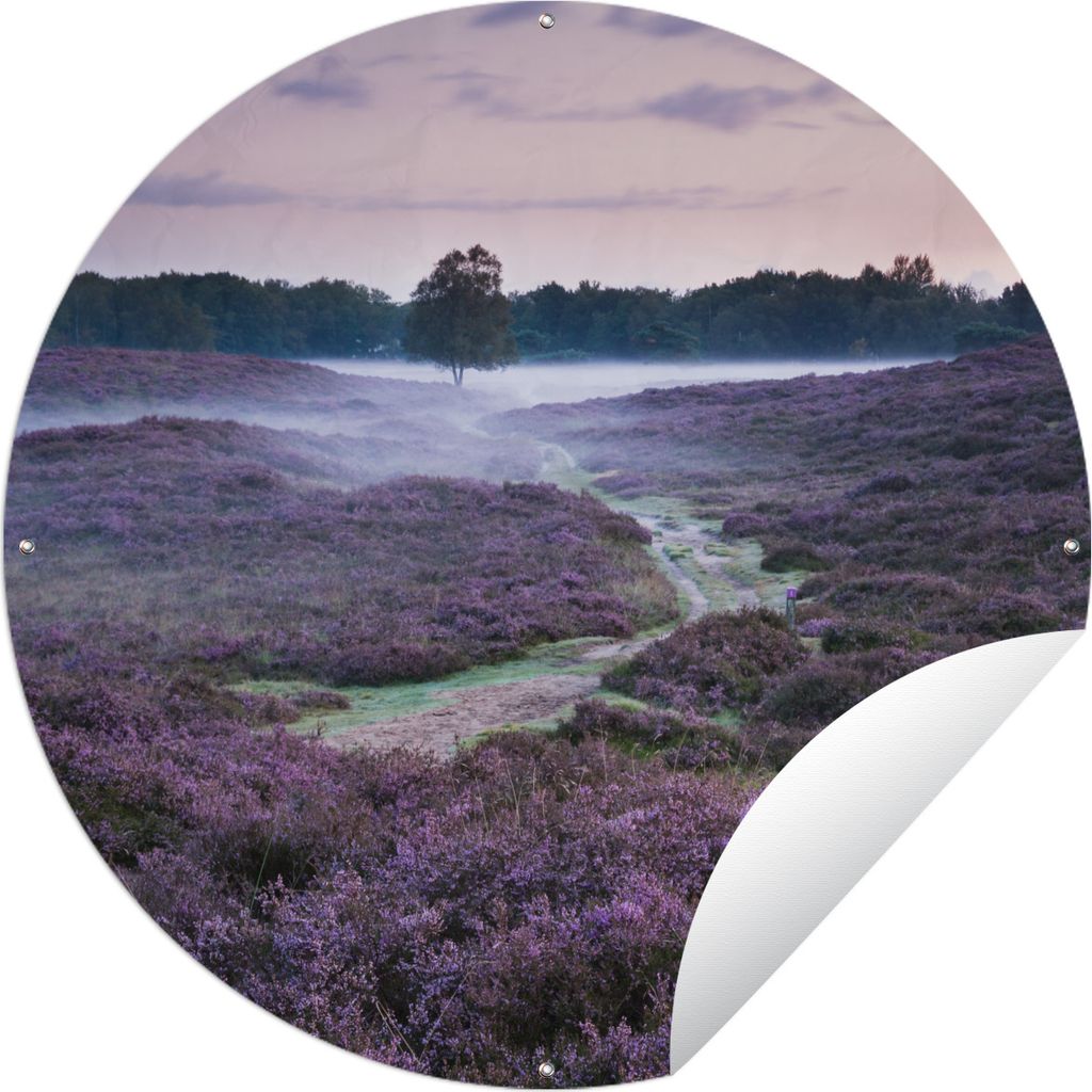 MuchoWow Gartenposter Outdoor-Poster Rund Nebel im Heidekraut Ø 60 cm Gartendeko Rundes Poster draußen