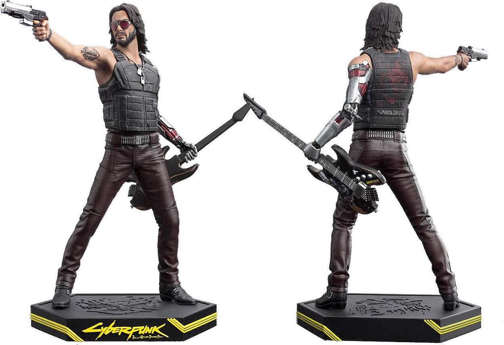 Two views of a Cyberpunk 2077 Johnny Silverhand figurine on a black base with yellow accents and the Cyberpunk logo.