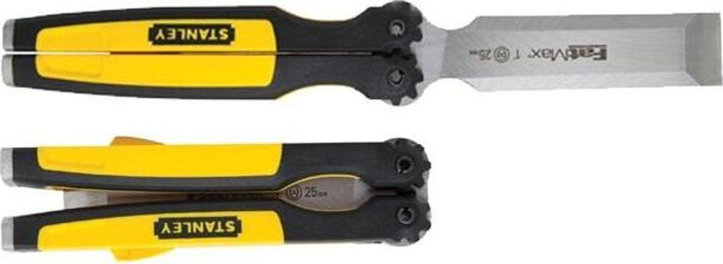 Two views of a Stanley Fatmax folding chisel are shown against a white background.