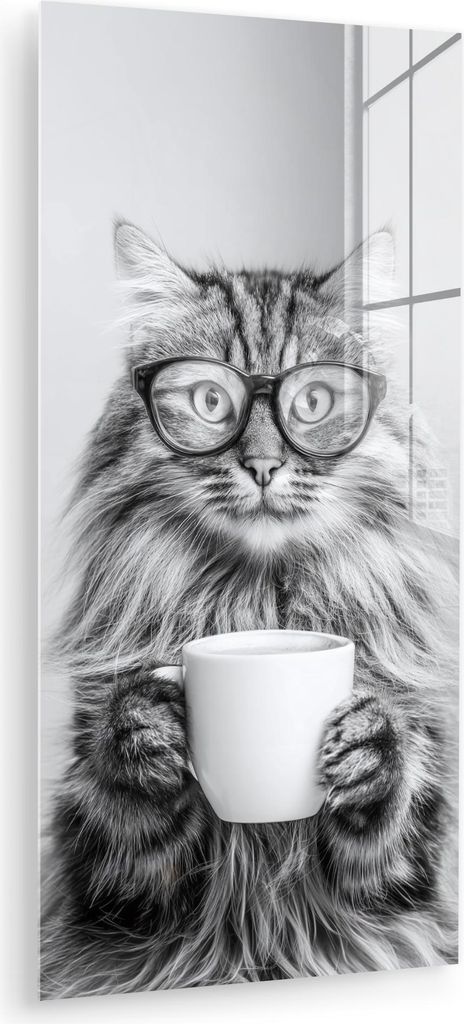 MuchoWow Glasbilder - Bilder auf Wandbild - Foto auf Glas Katze - Brille - Becher - Flauschig 60x120 cm Wanddekoration aus Glas - Acrylglasbild - A...