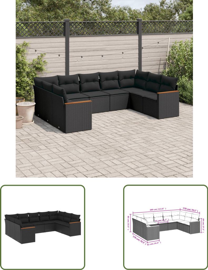 The Living Store 9-tlg. Garten-Sofagarnitur mit Kissen Schwarz Poly Rattan