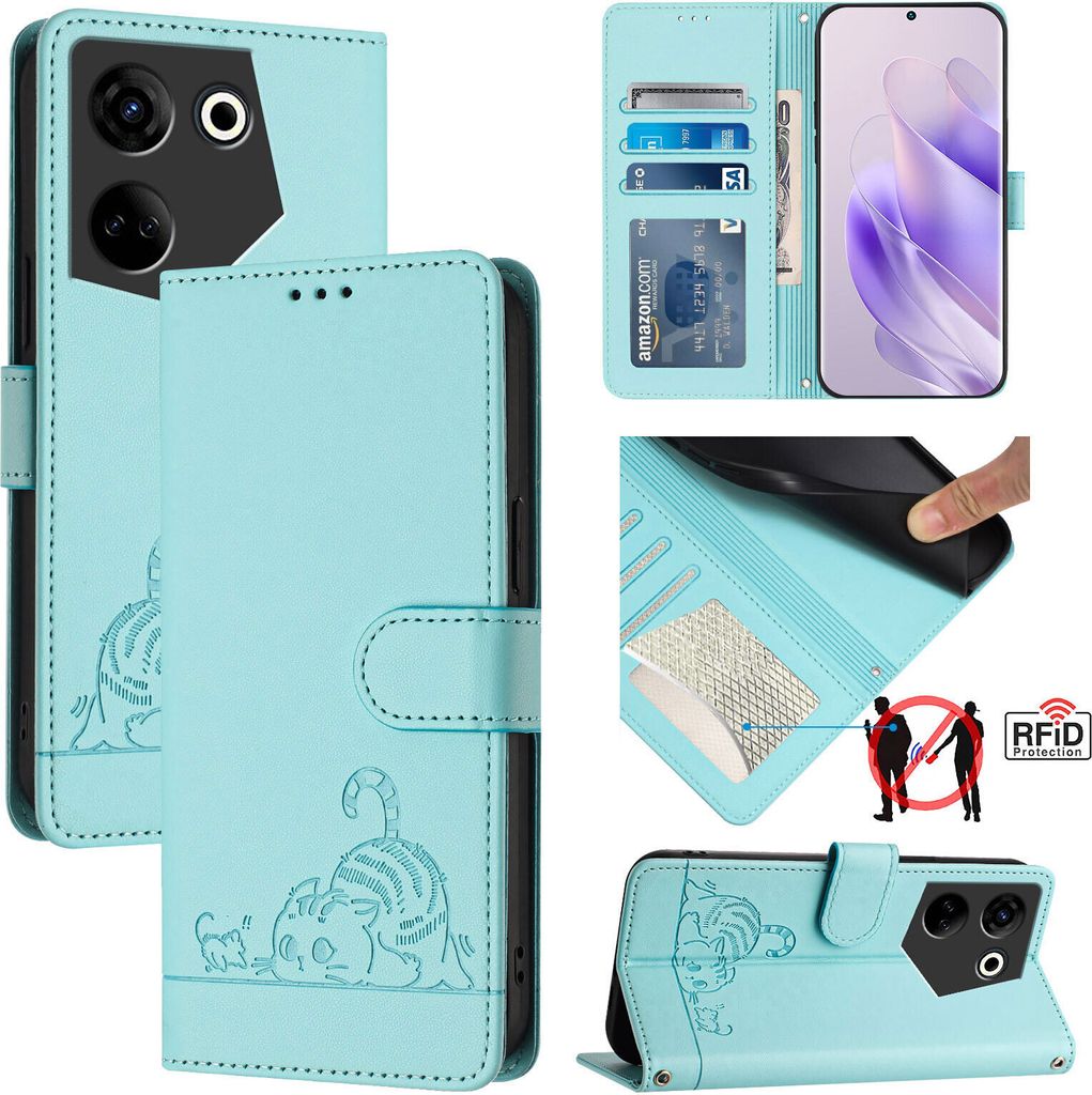 Leder Hülle für Tecno Camon 20 / 20 Pro 4G Süße Katze Flip Case Brieftasche Schutzhülle mit Standfunktion hellgrün