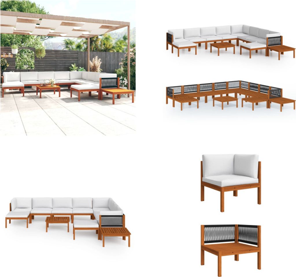 vidaXL 12 tlg. Garten Lounge Set mit Kissen Cremeweiß Massivholz Akazie - Gartenmöbel-Set - Gartenmöbel-Sets - Gartensofa - Gartensofas