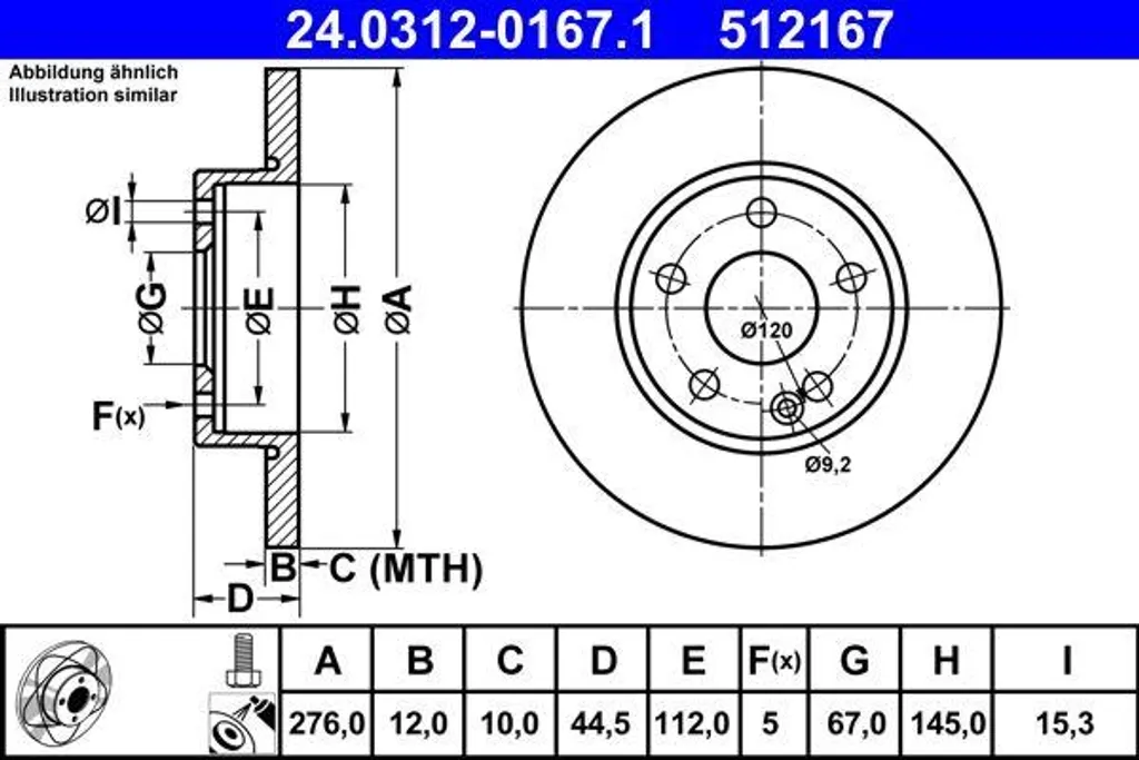 Disque de frein ventilé ATE compatible Mercedes-Benz Classe A W169 OE