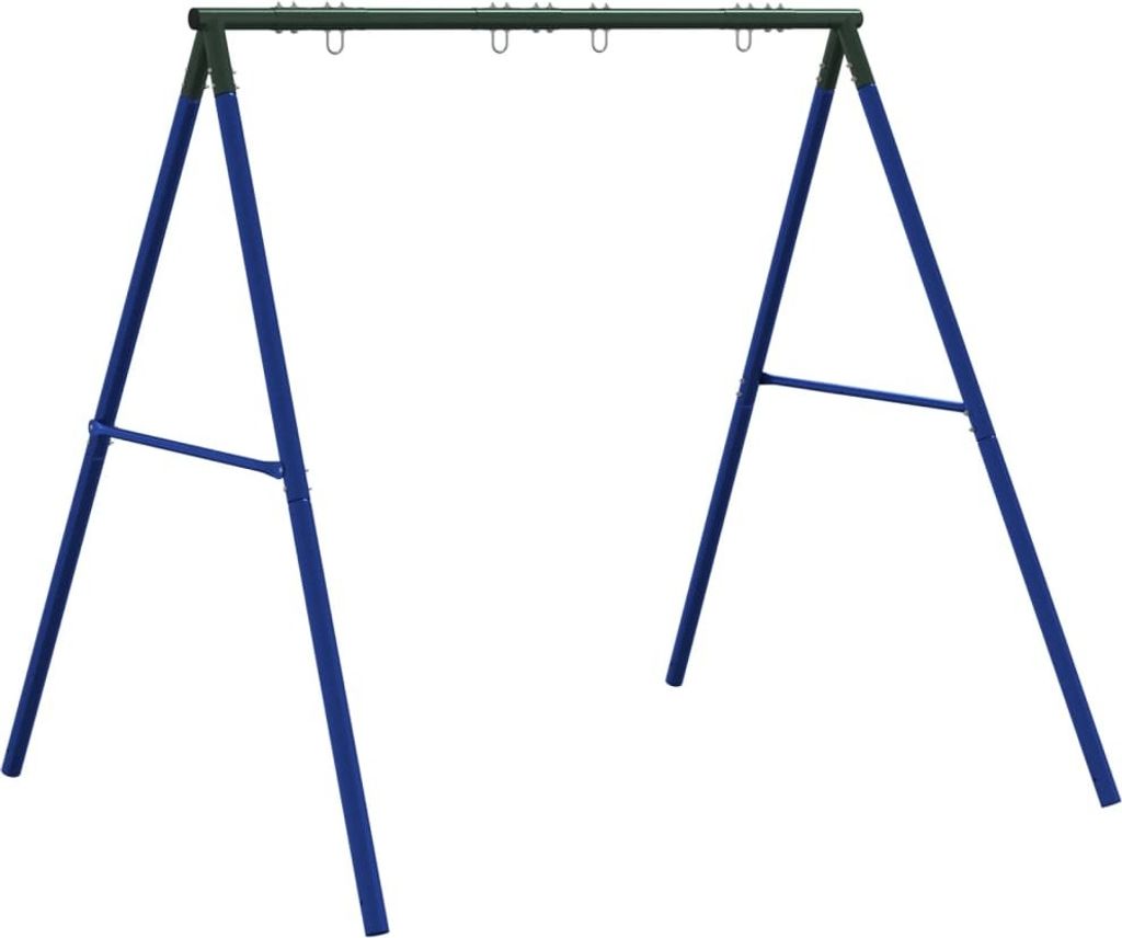 A blue and green metal swing set frame against a white background.